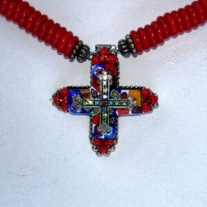 NWOT Red Coral Necklace With Gorgeous Cross Pendant by Designer F.a.i.t.h - Boho